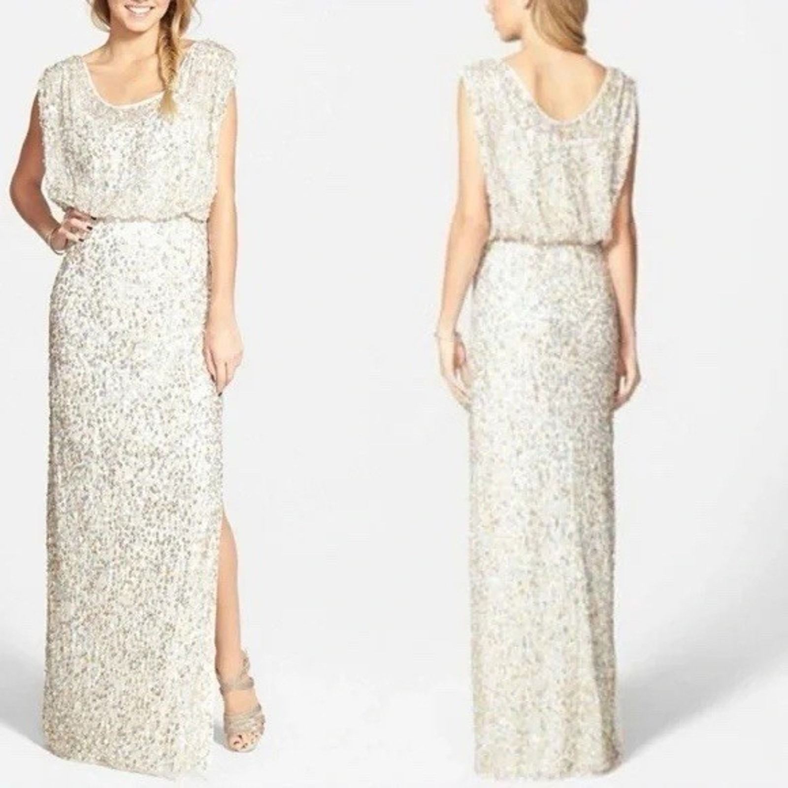 Champagne Formal Gown Womens Gold Sequin Prom Dress Wedding Gala Elegant Size 12